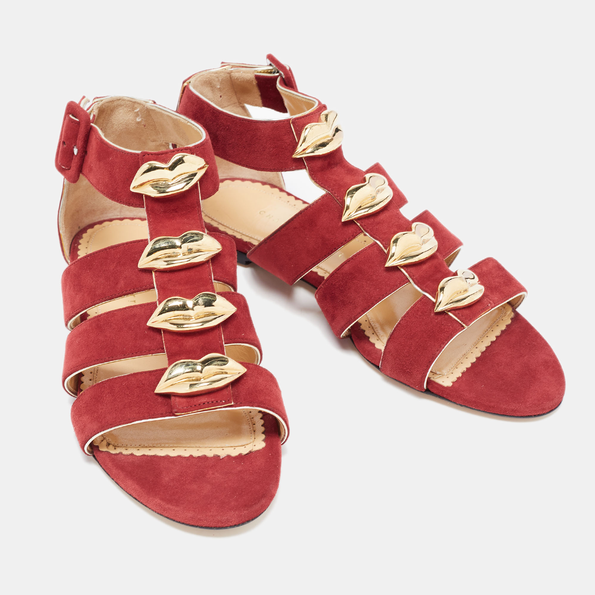 Charlotte Olympia Garnet Red Suede One More Kiss Flat Gladiator Flat Sandals Size 36