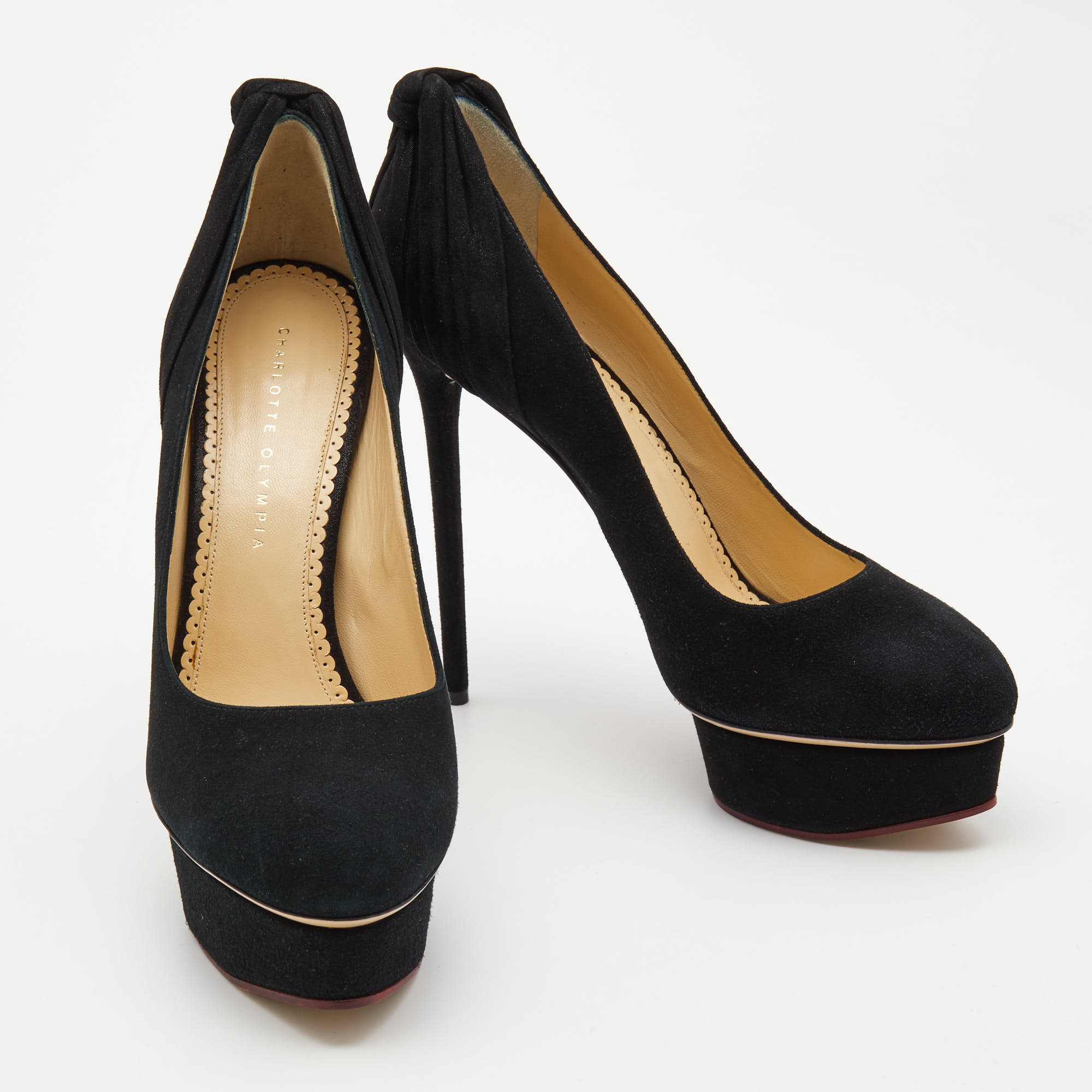 Charlotte Olympia Black Suede And Fabric Knot Detail Josephine Platform Pumps Size 41