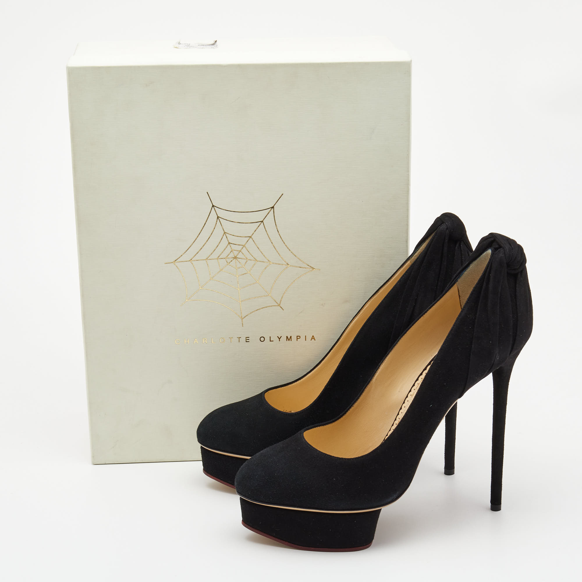 Charlotte Olympia Black Suede And Fabric Knot Detail Josephine Platform Pumps Size 41