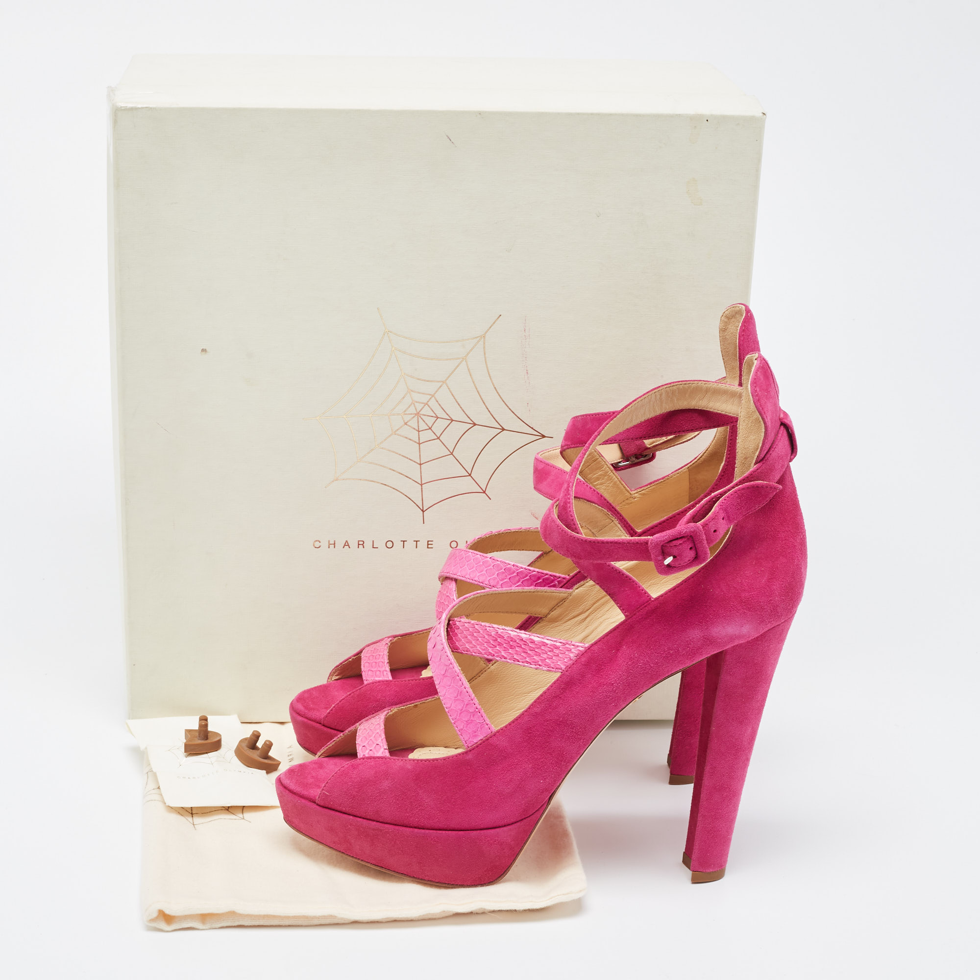 Charlotte Olympia Pink Suede And Python Platform Ankle Strap Pumps Size 41