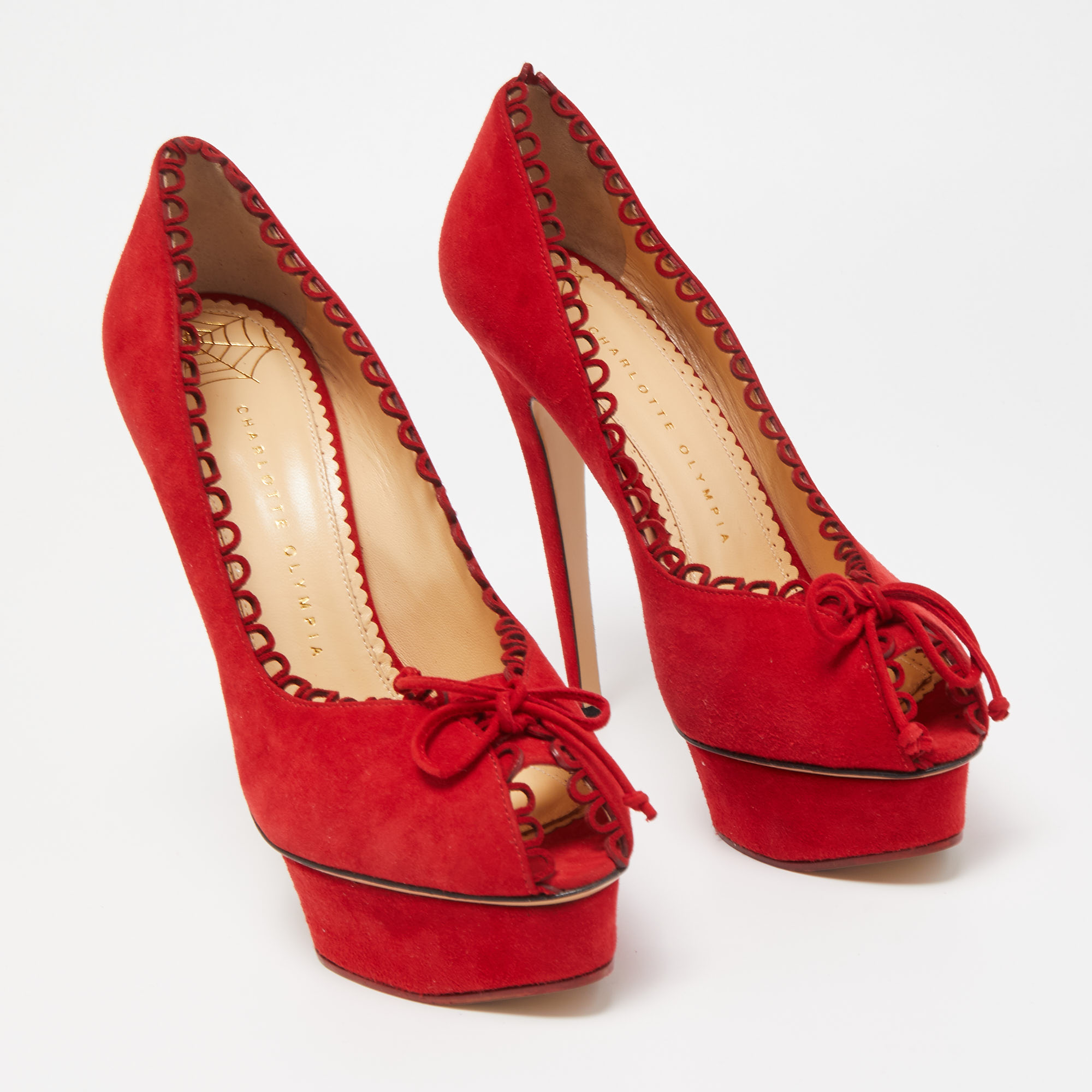 Charlotte Olympia Red Suede Daphne Scalloped Trim Peep Toe Platform Pumps Size 40