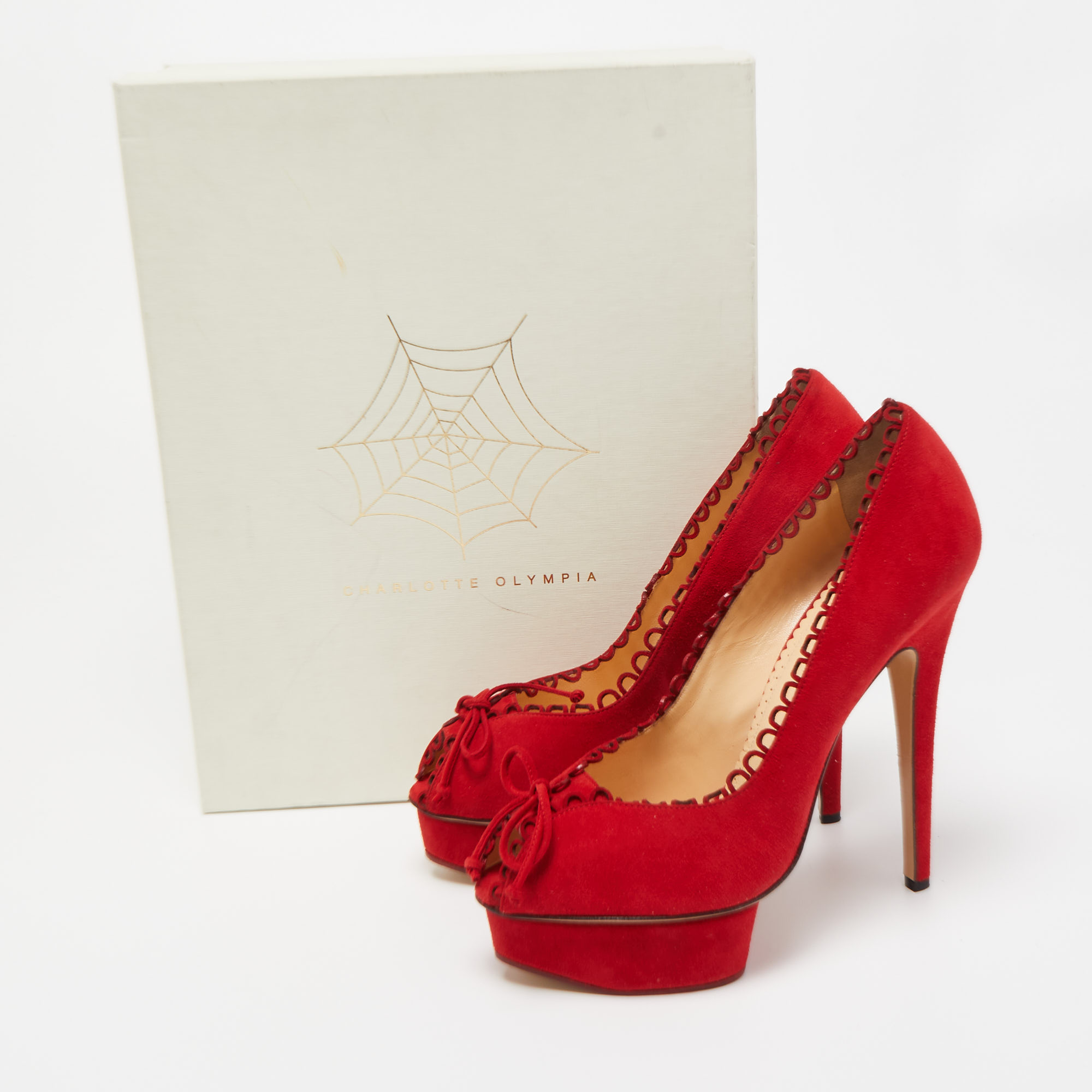 Charlotte Olympia Red Suede Daphne Scalloped Trim Peep Toe Platform Pumps Size 40