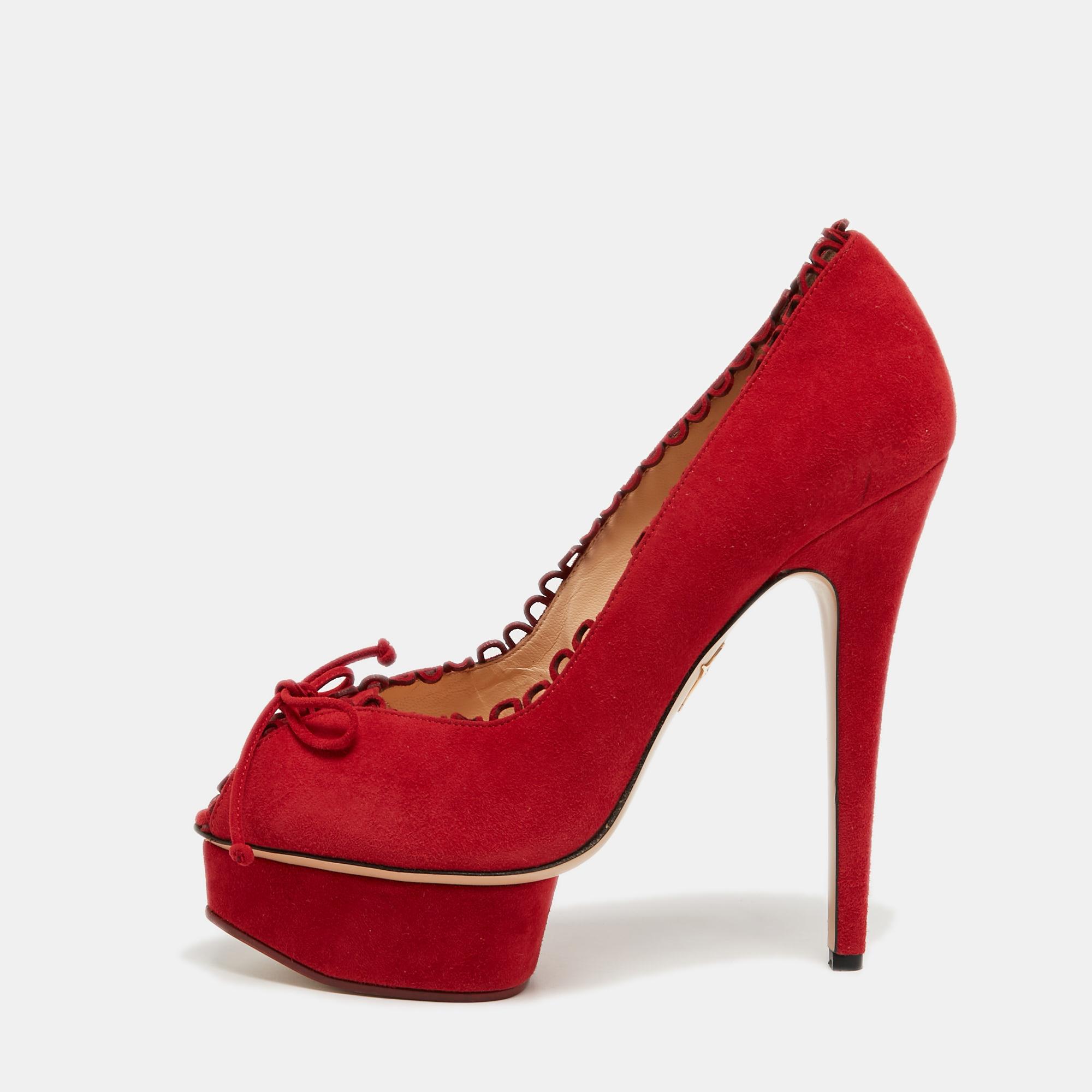 Charlotte olympia red suede daphne scalloped trim peep toe platform pumps size 40.5