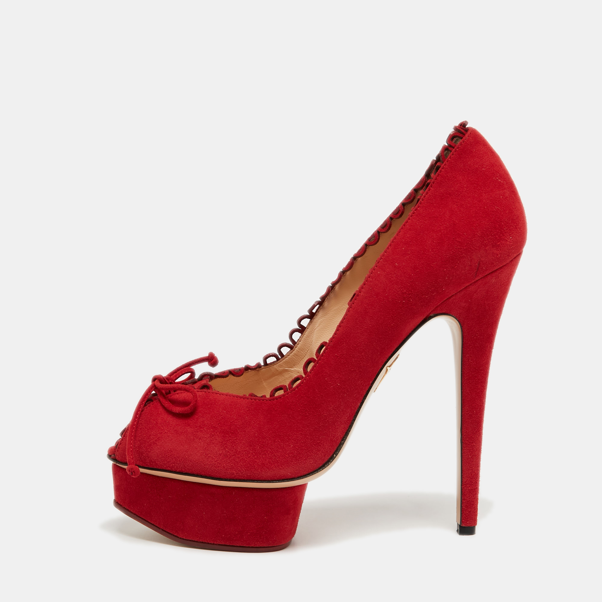 Charlotte Olympia Red Suede Daphne Scalloped Trim Peep Toe Platform Pumps Size 40.5