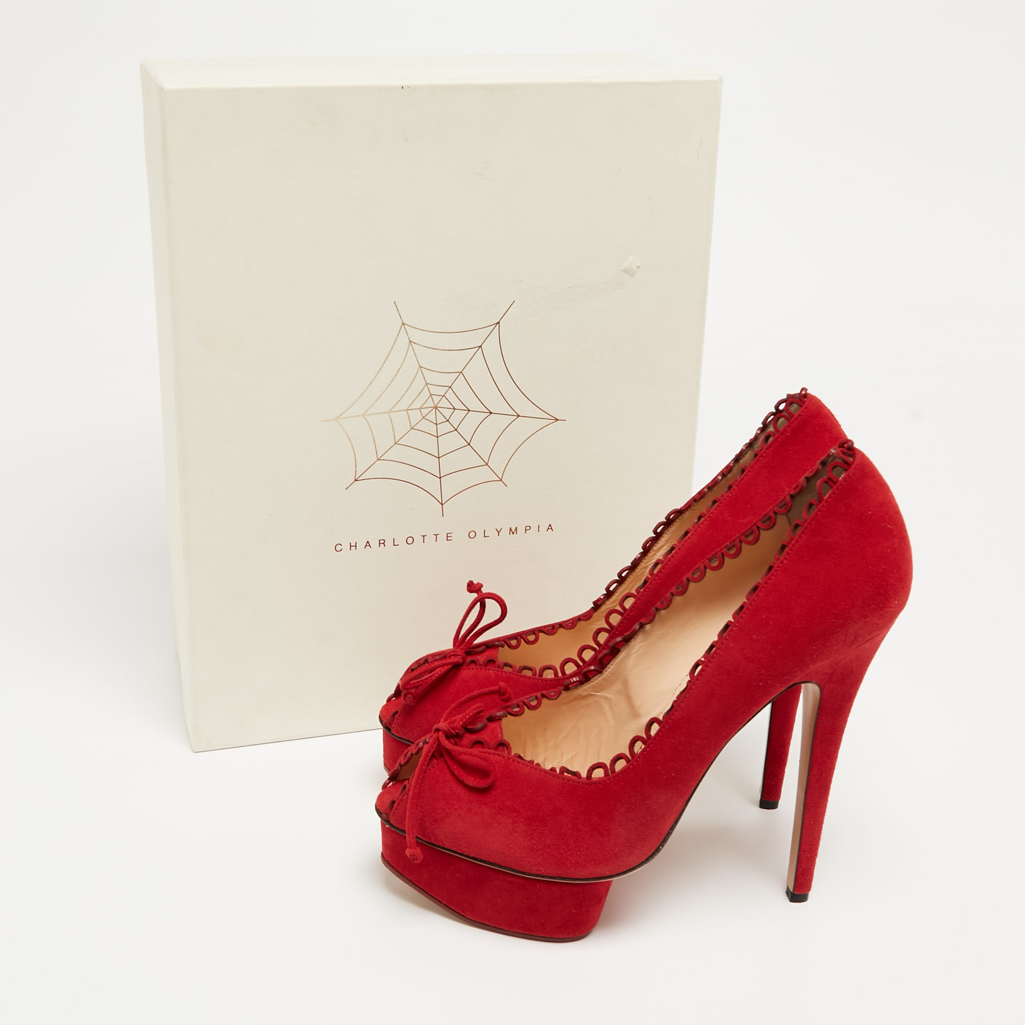 Charlotte Olympia Red Suede Daphne Scalloped Trim Peep Toe Platform Pumps Size 40.5