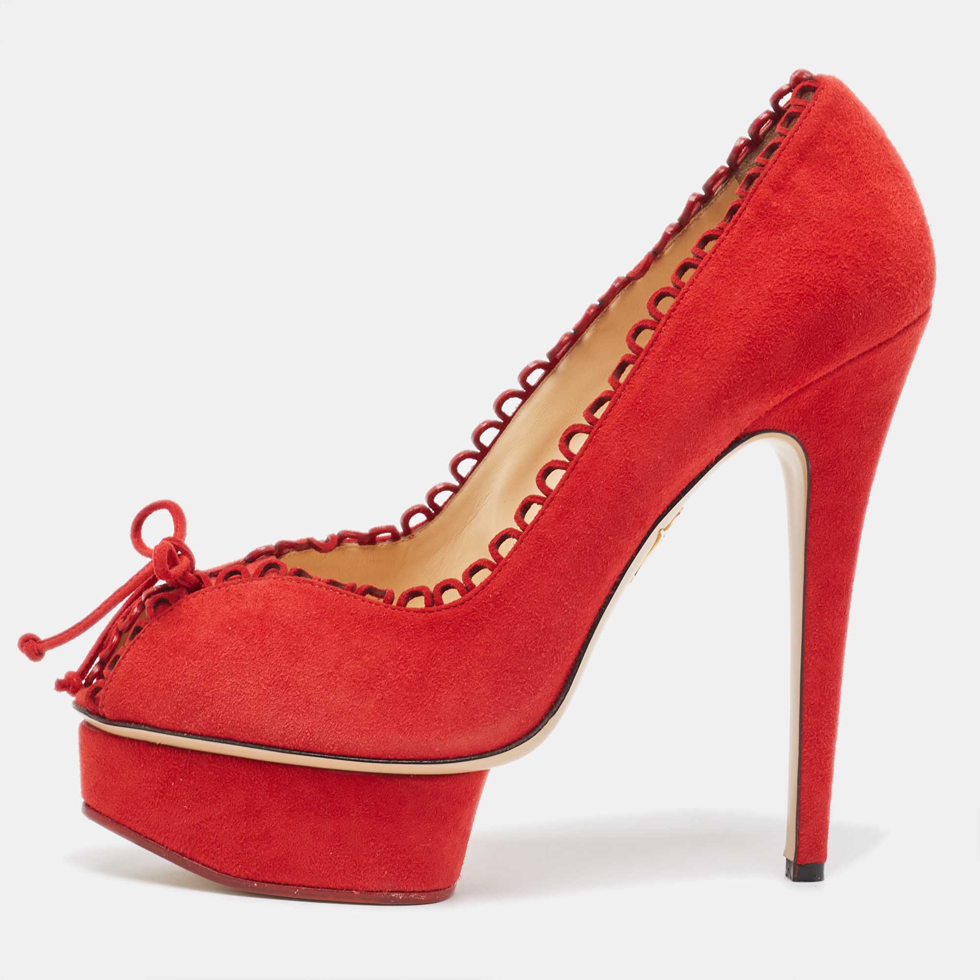 Charlotte olympia red suede daphne scalloped trim peep toe platform pumps size 40.5
