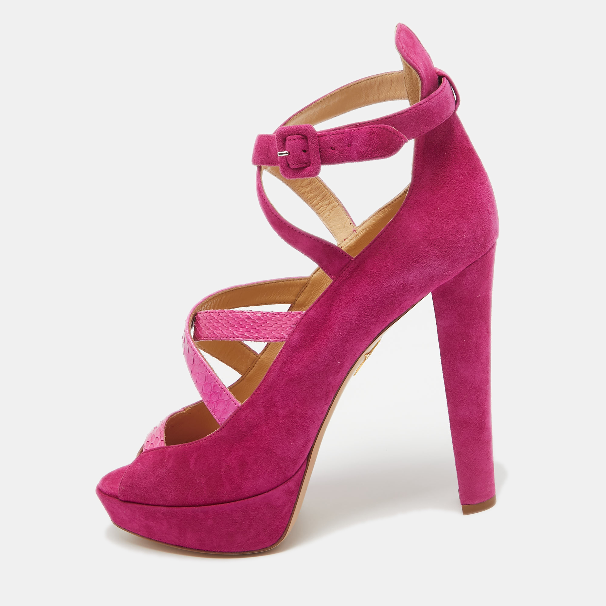 Charlotte olympia pink snakeskin and suede ankle strap pumps size 41