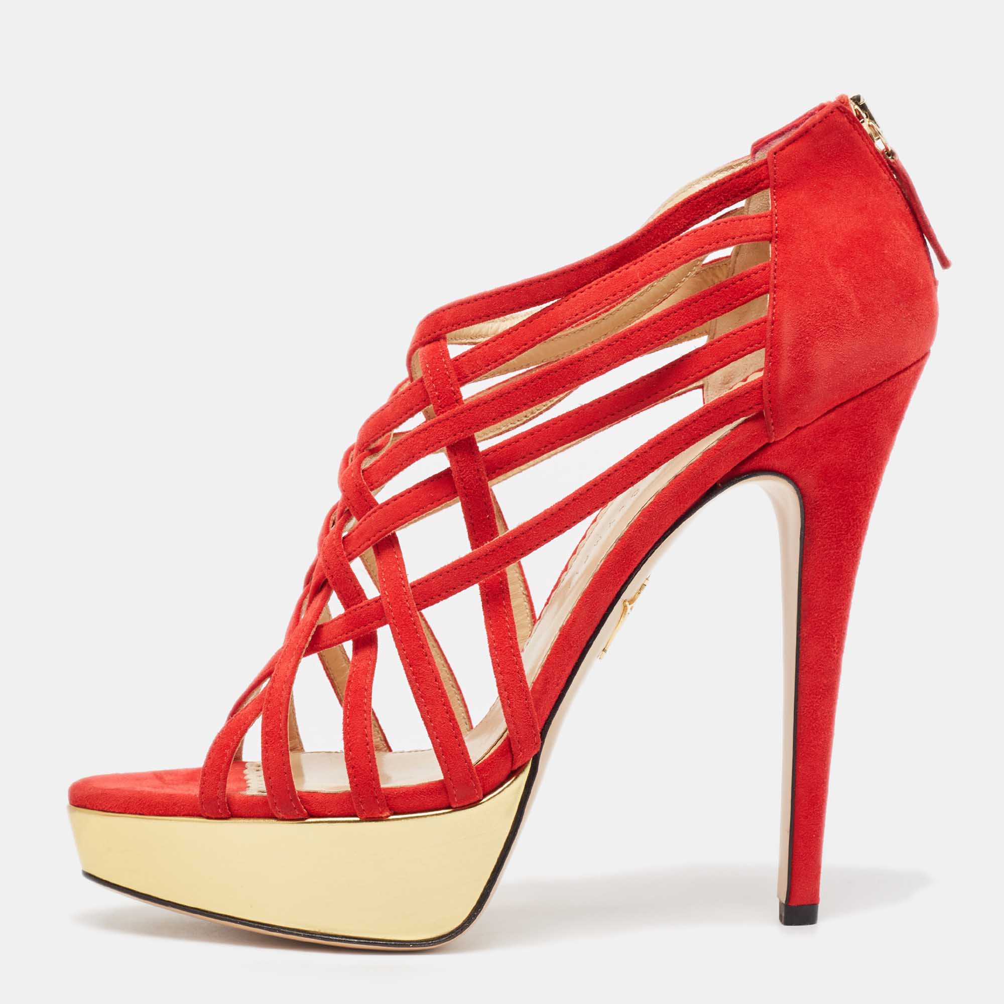 Charlotte olympia red suede strappy platform pumps size 40