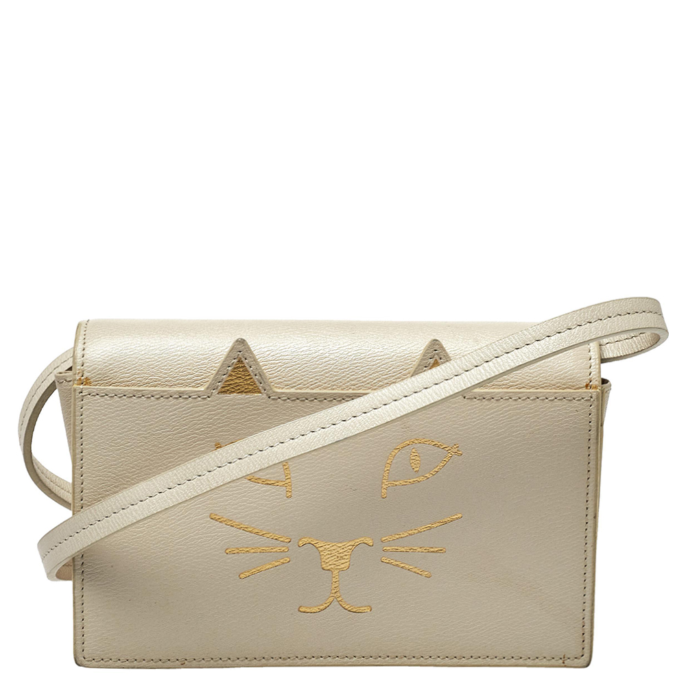 Charlotte Olympia Cream Leather Feline Crossbody Bag