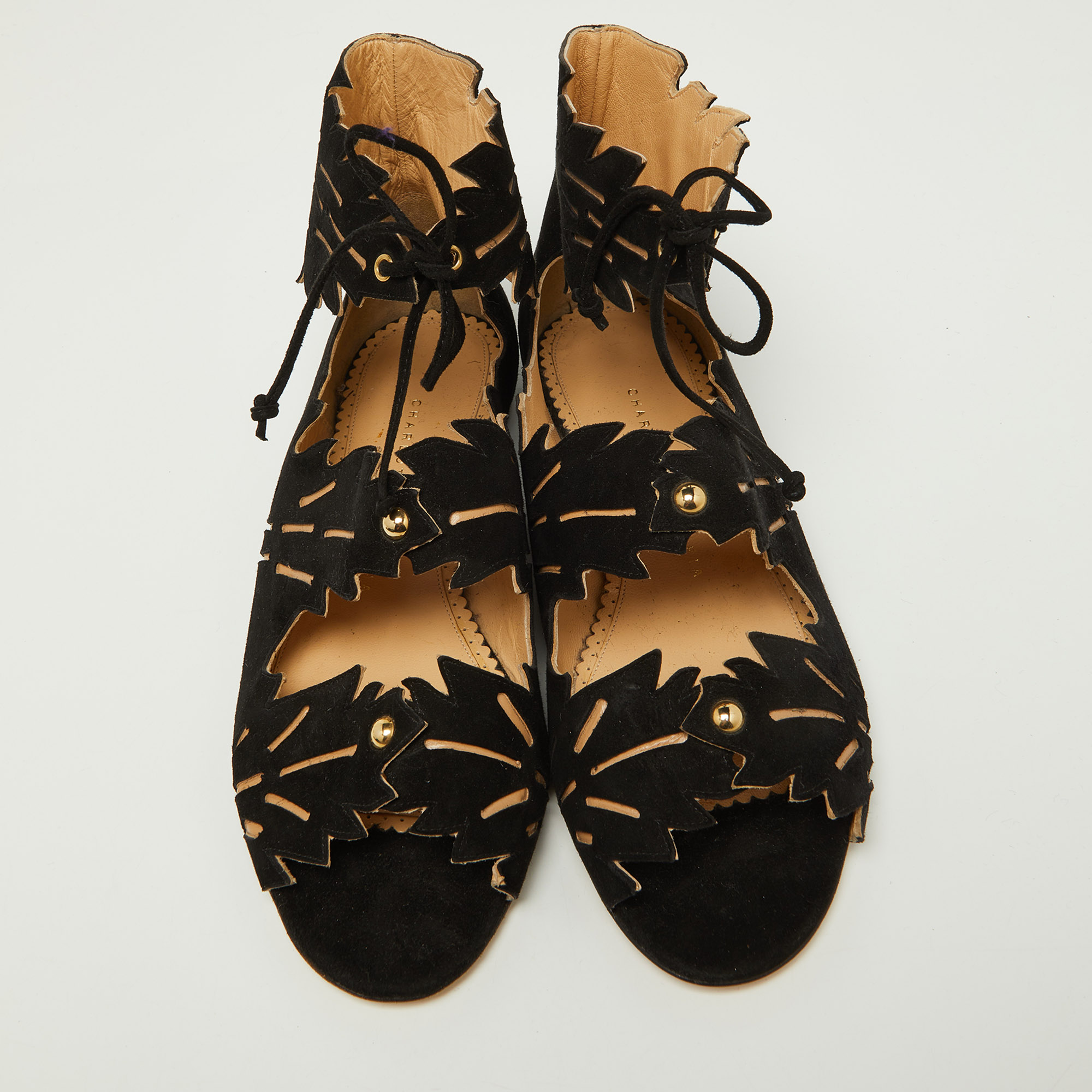 Charlotte Olympia Black Suede Eve Leaf Flat Sandals Size 39