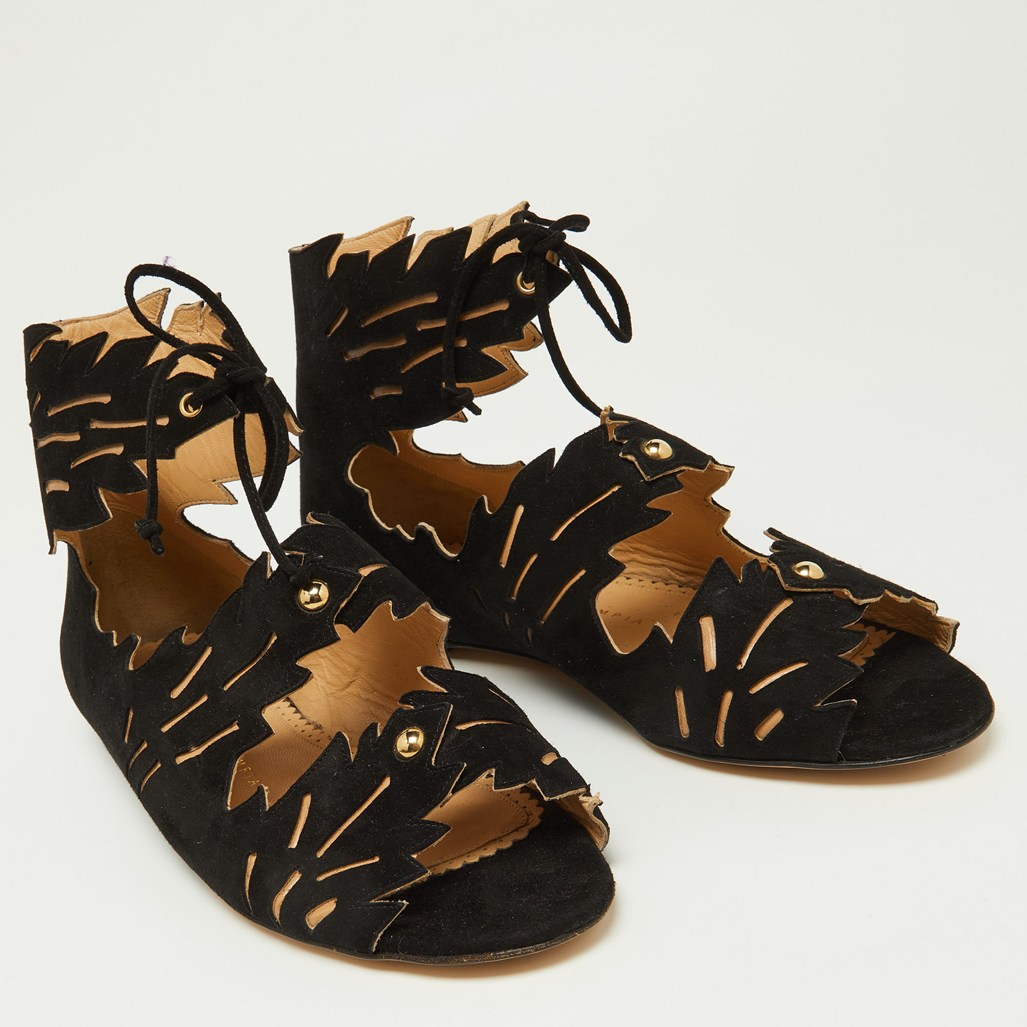 Charlotte Olympia Black Suede Eve Leaf Flat Sandals Size 39