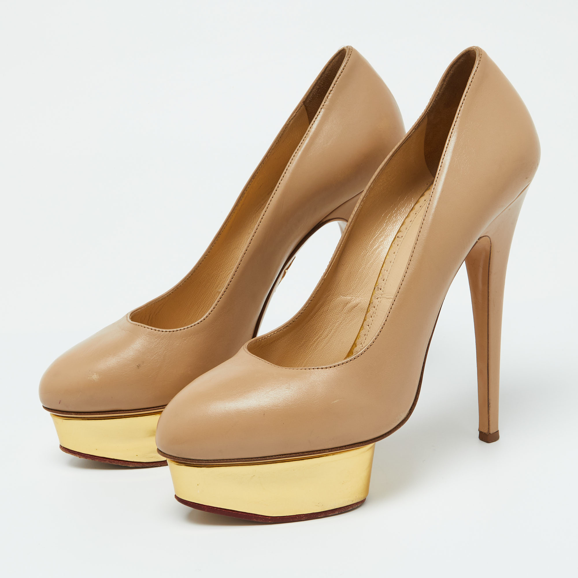 Charlotte Olympia Beige Leather Dolly Platform Pumps Size 39.5