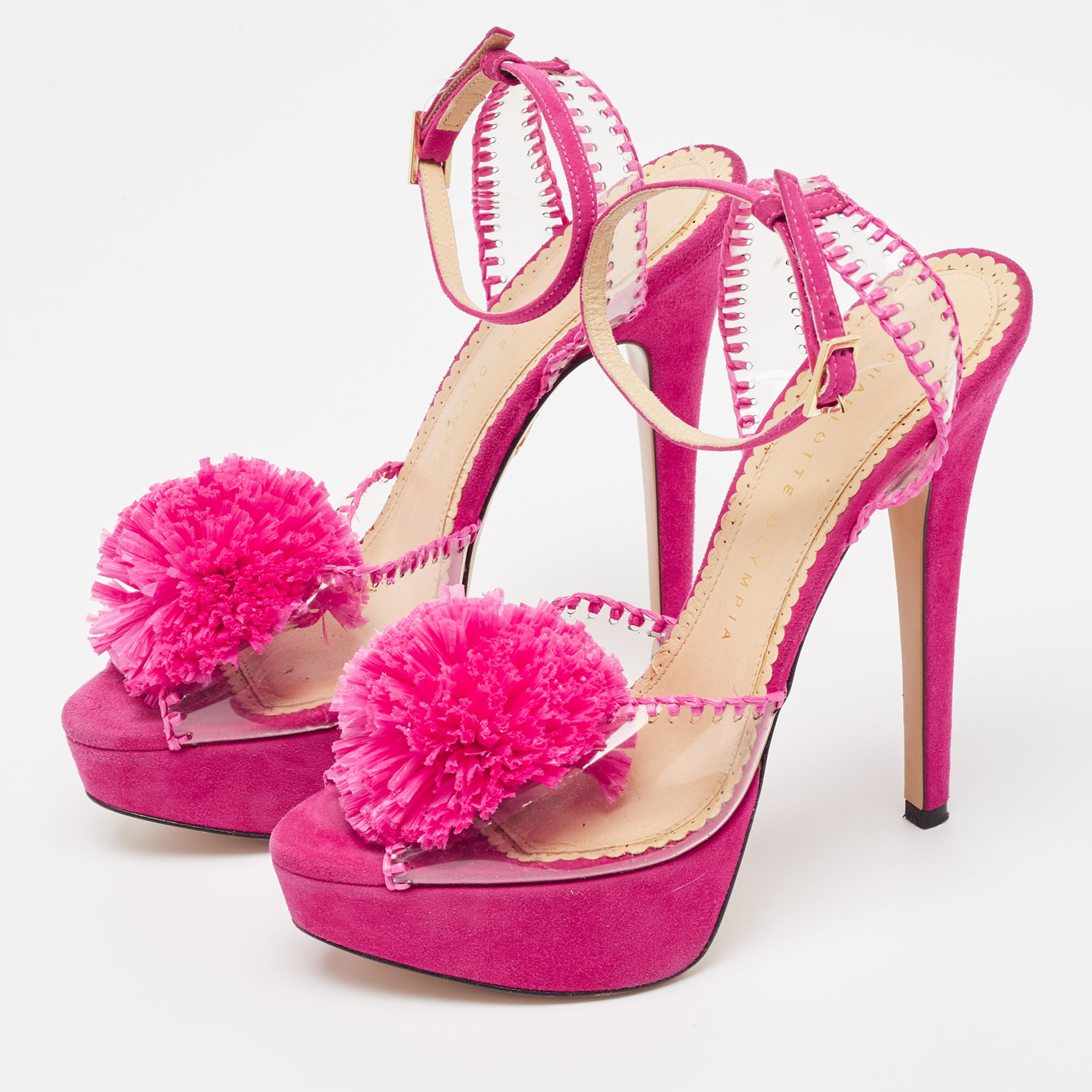 Charlotte Olympia Pink PVC And Suede Pomeline Ankle Strap Sandals Size 37.5