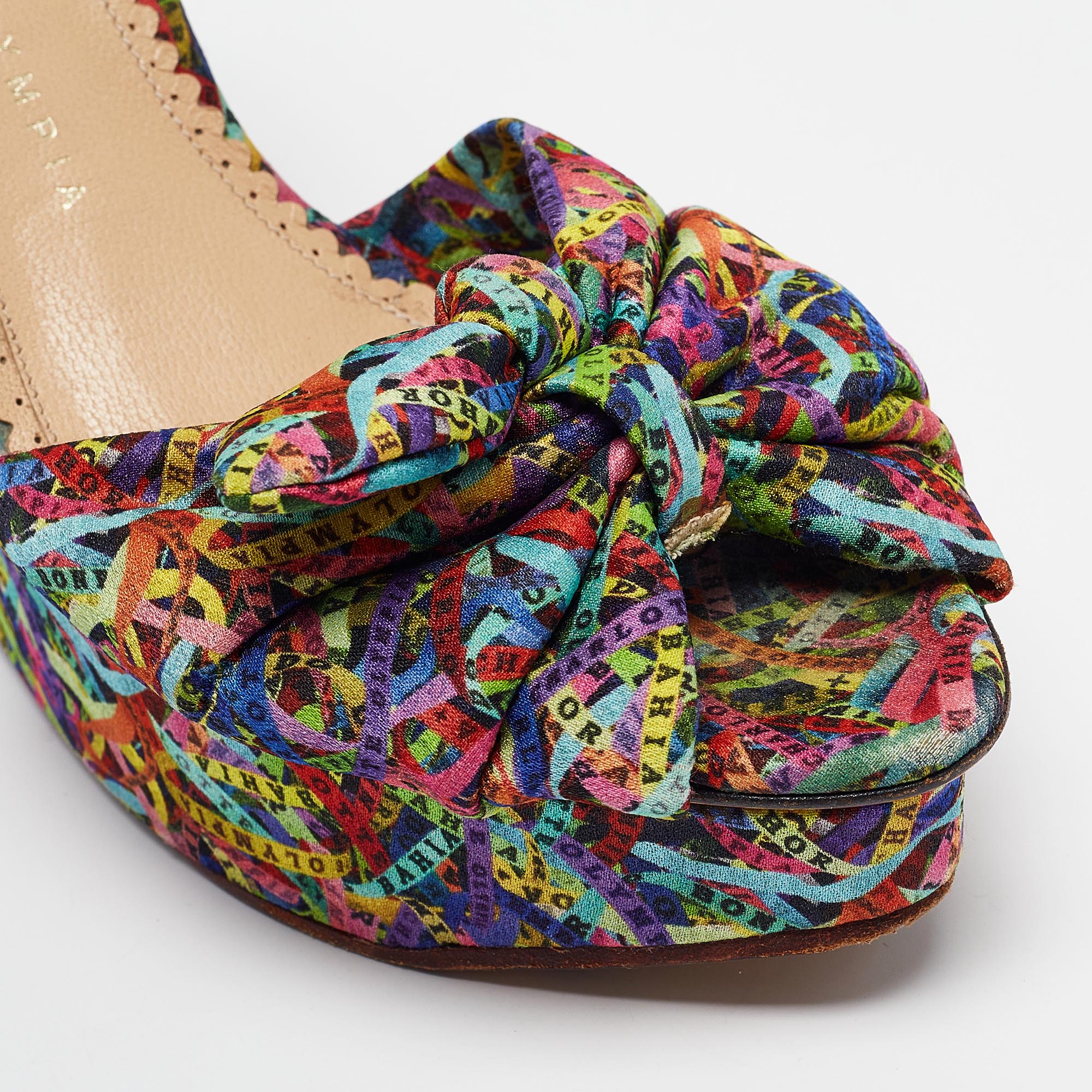 Charlotte Olympia Multicolor Printed Fabric Knotted Bow Ankle Strap Wedge Sandals Size 39.5