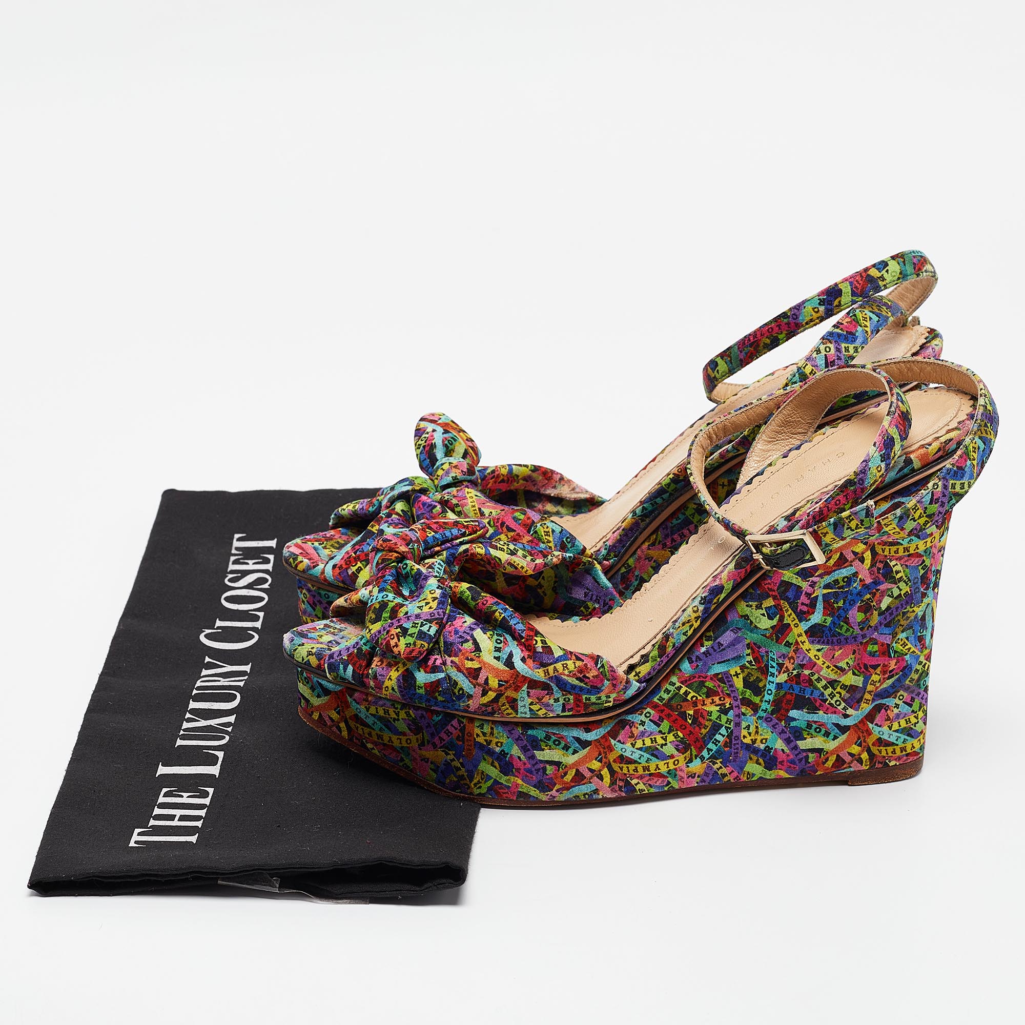 Charlotte Olympia Multicolor Printed Fabric Knotted Bow Ankle Strap Wedge Sandals Size 39.5