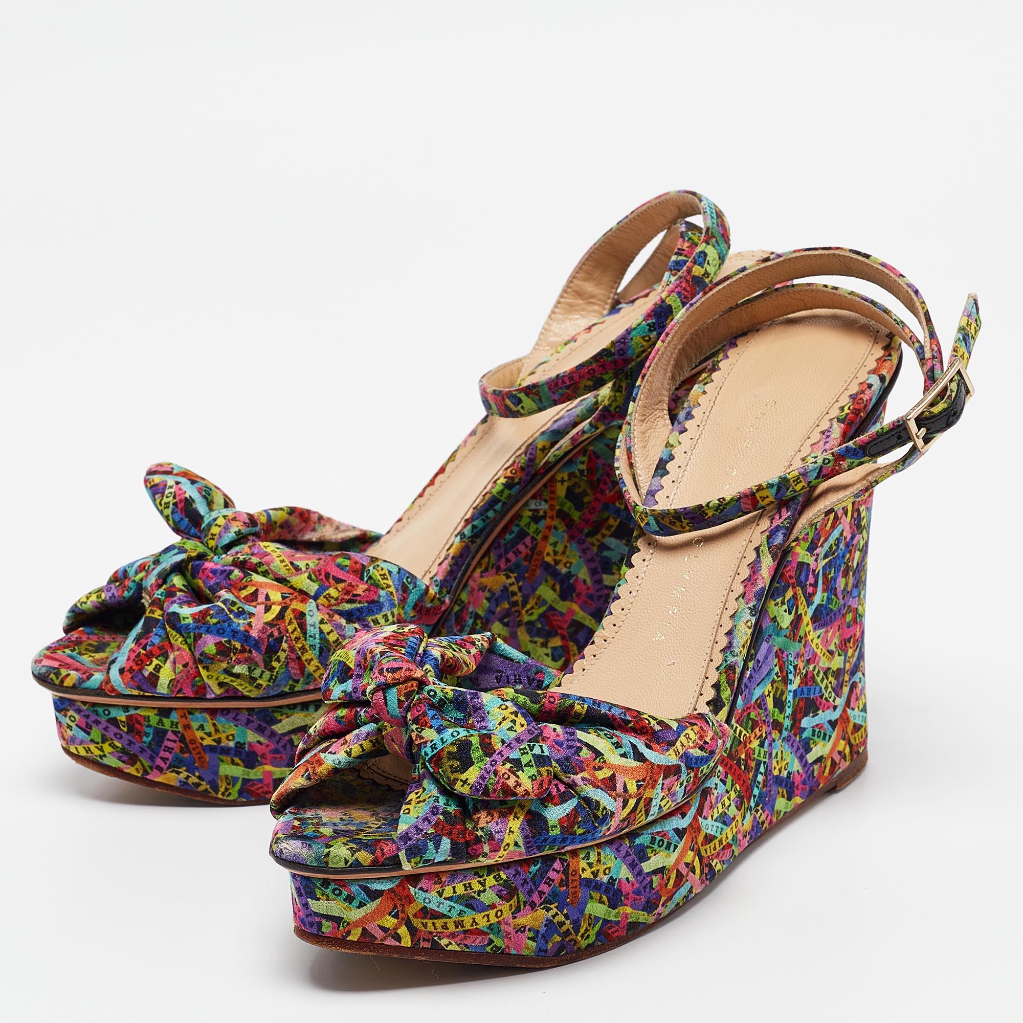 Charlotte Olympia Multicolor Printed Fabric Knotted Bow Ankle Strap Wedge Sandals Size 39.5