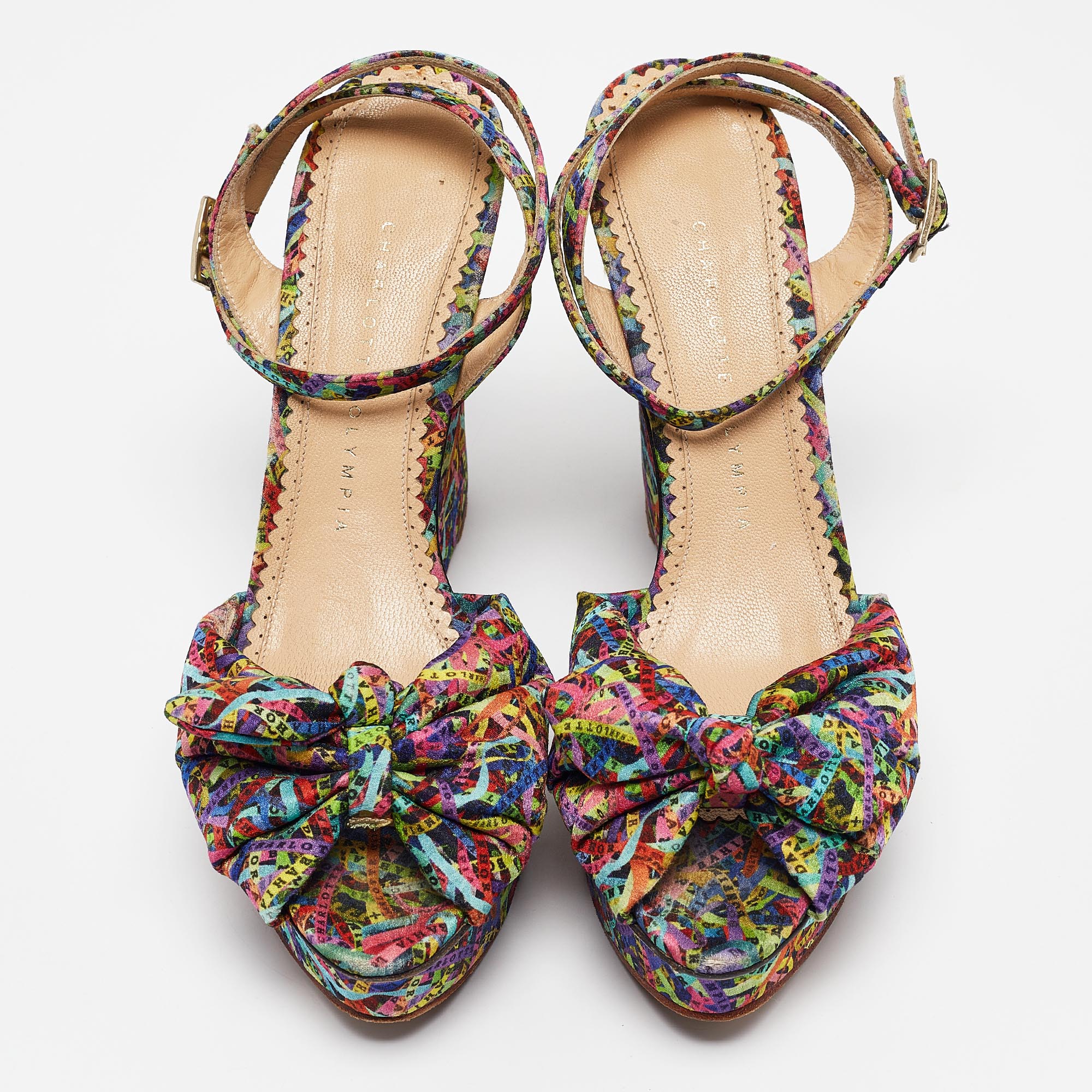 Charlotte Olympia Multicolor Printed Fabric Knotted Bow Ankle Strap Wedge Sandals Size 39.5