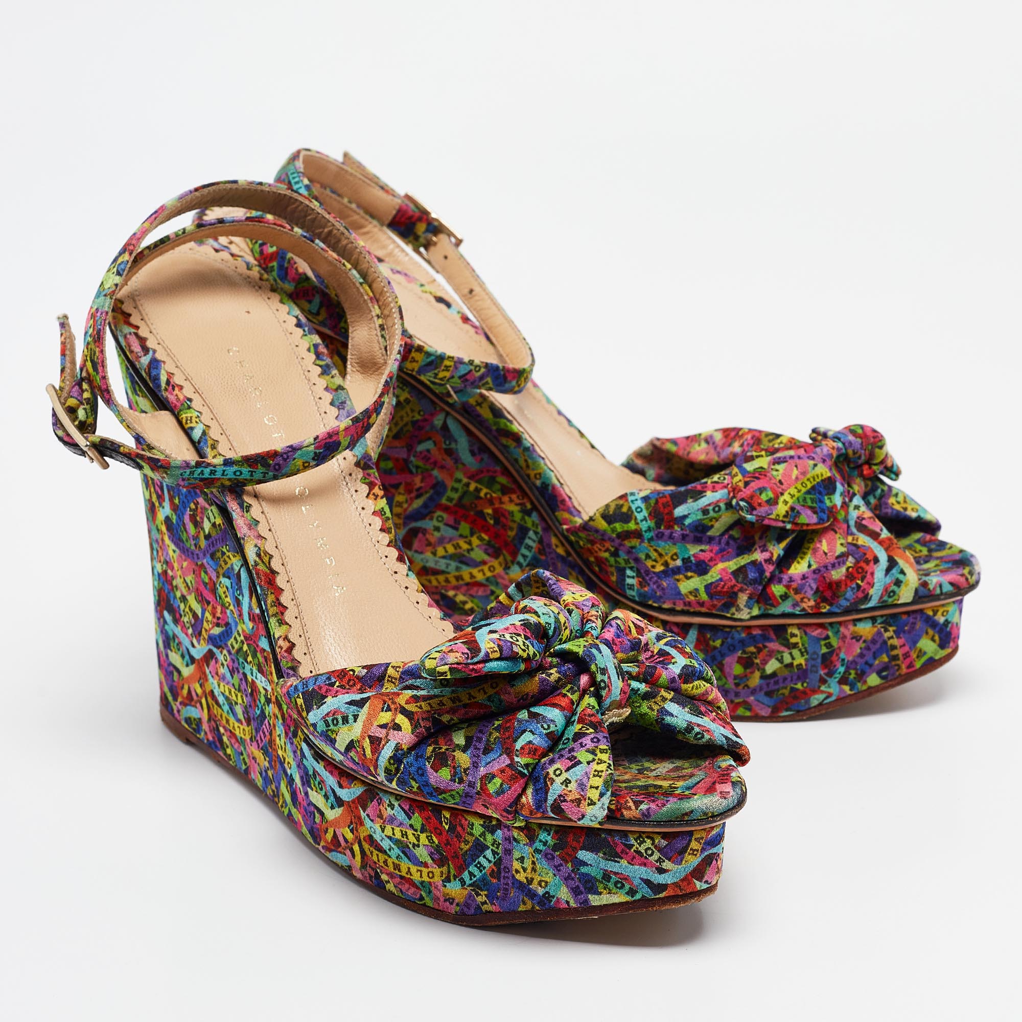 Charlotte Olympia Multicolor Printed Fabric Knotted Bow Ankle Strap Wedge Sandals Size 39.5