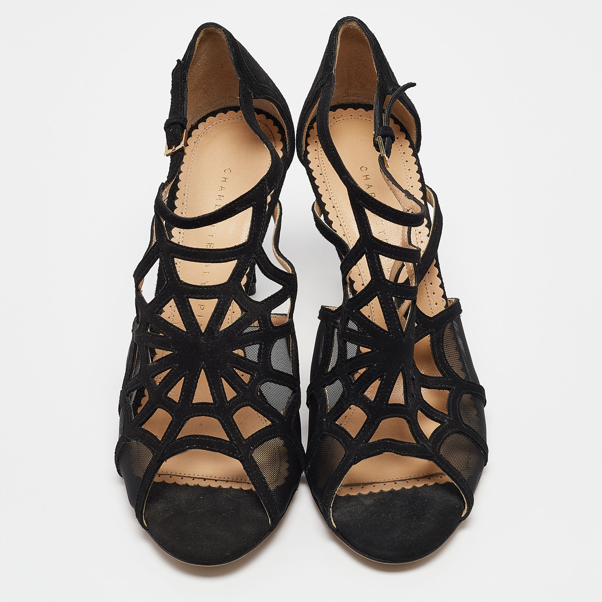 Charlotte Olympia Black Cutout Suede And Mesh Lotte Sandals Size 39