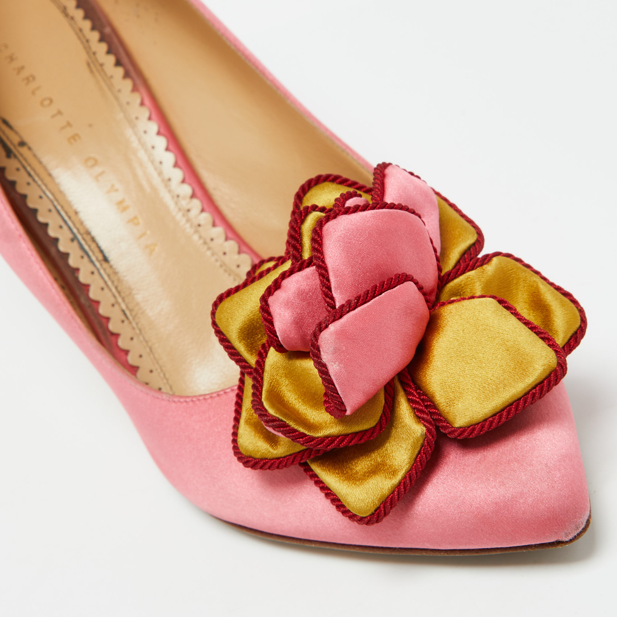 Charlotte Olympia Pink Satin Flower Detail Pointed Toe Pumps Size 39