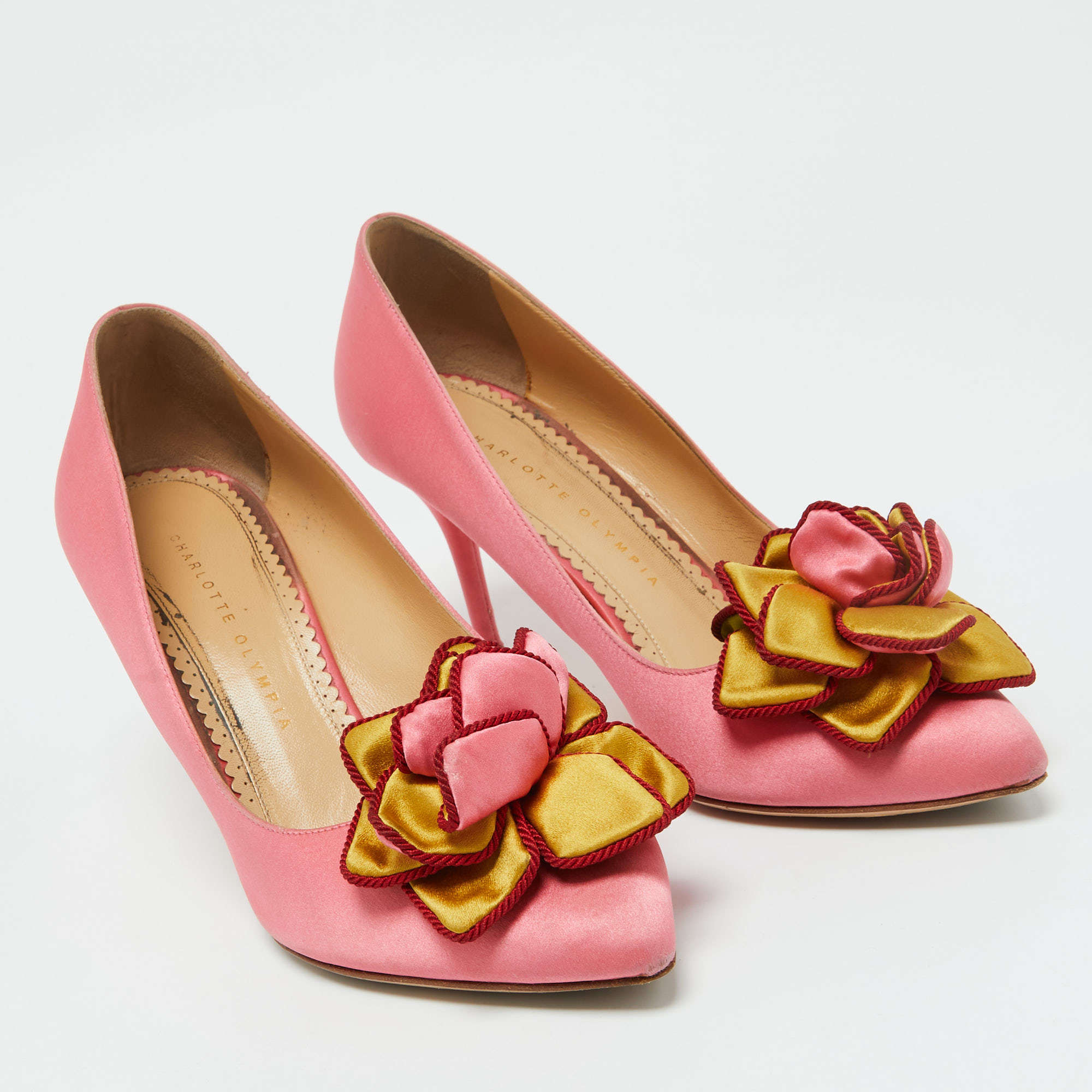 Charlotte Olympia Pink Satin Flower Detail Pointed Toe Pumps Size 39