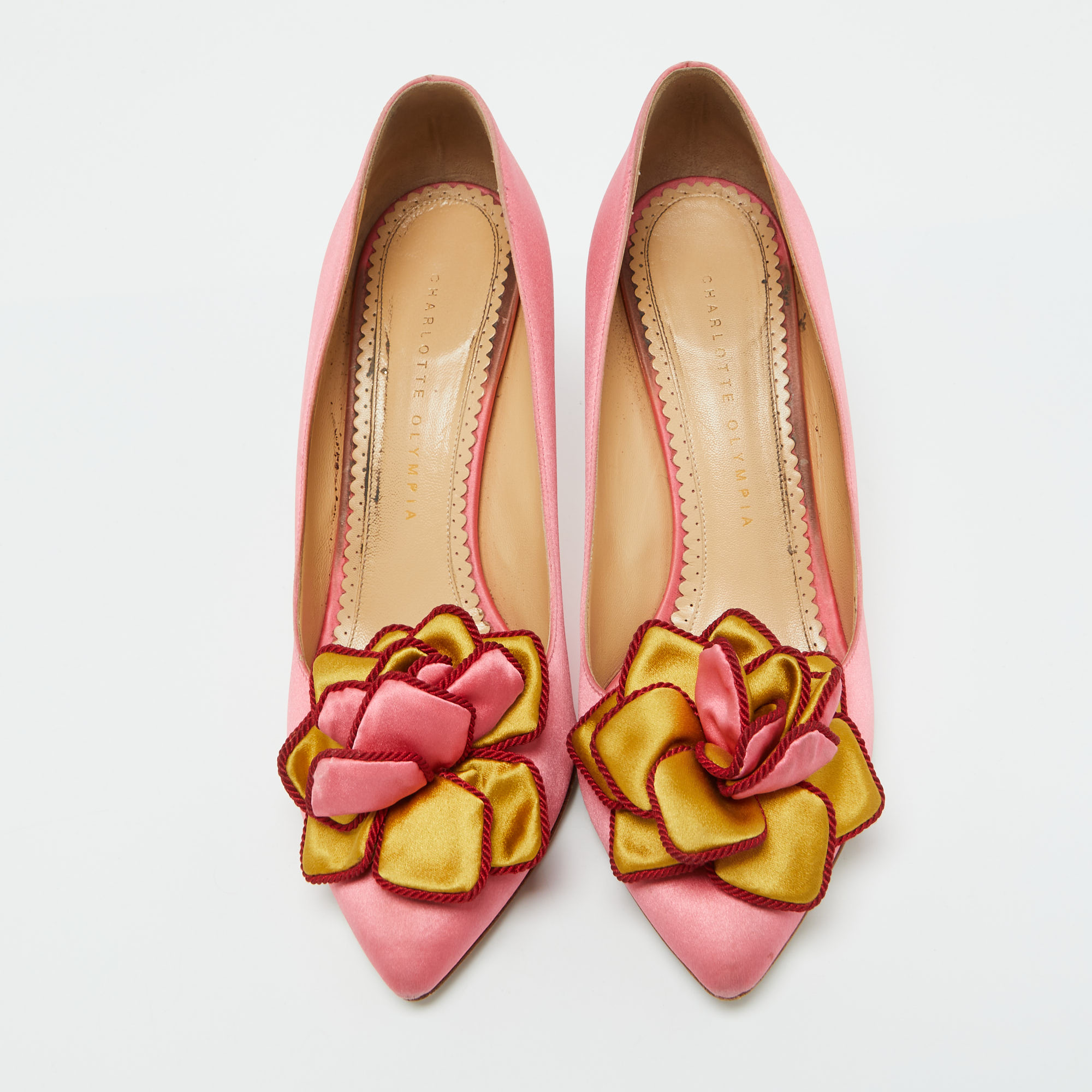 Charlotte Olympia Pink Satin Flower Detail Pointed Toe Pumps Size 39