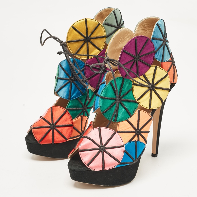 Charlotte Olympia Multicolor Satin And Suede Parasol Platform Sandals Size 37.5