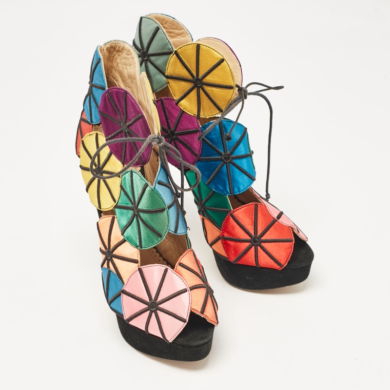 Charlotte Olympia Multicolor Satin And Suede Parasol Platform Sandals Size 37.5