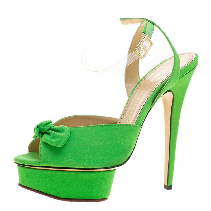 Image of Charlotte Olympia Gren Satin Serena Bow Ankle Strap Platform Sandals Size