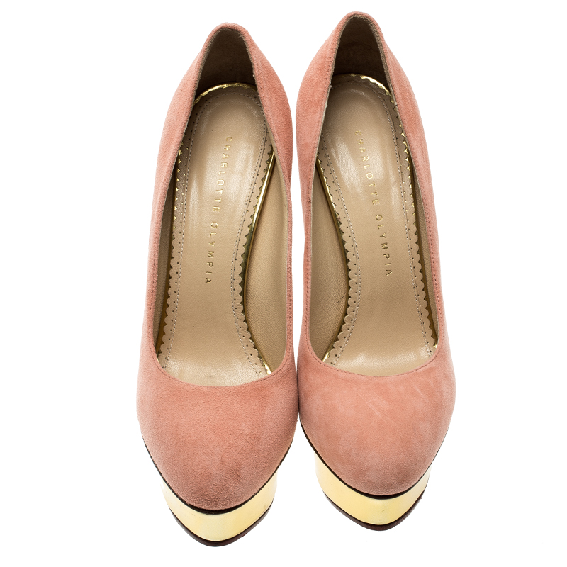 Charlotte Olympia Salmon Pink Suede Dolly Platform Pumps Size 39