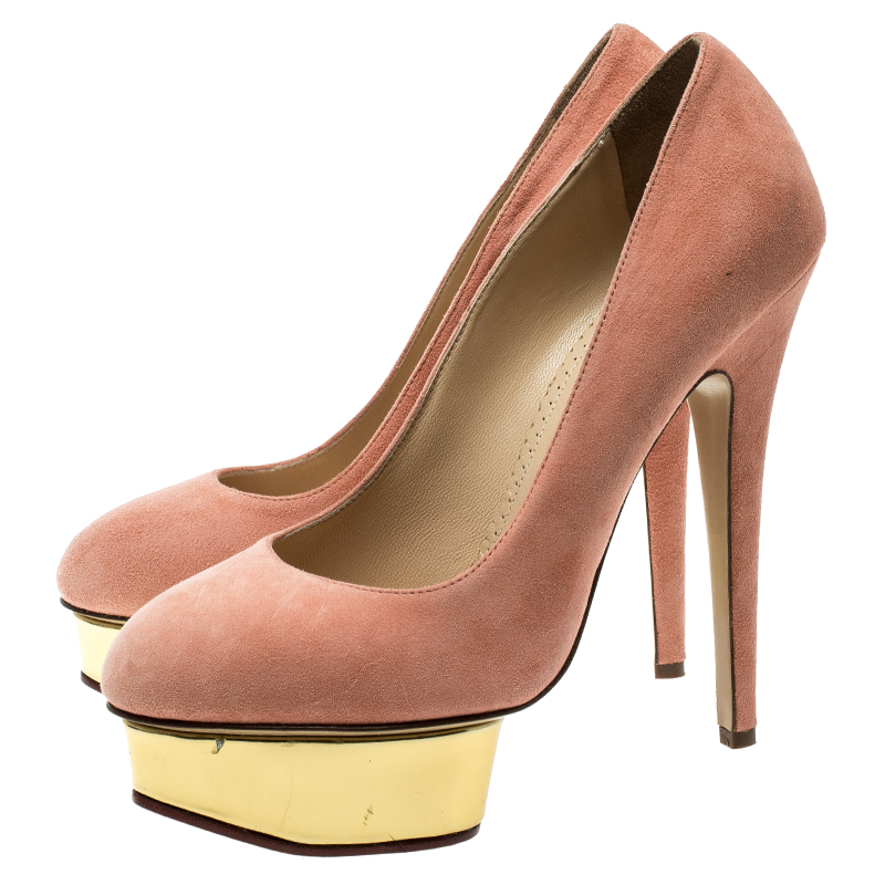 Charlotte Olympia Salmon Pink Suede Dolly Platform Pumps Size 39