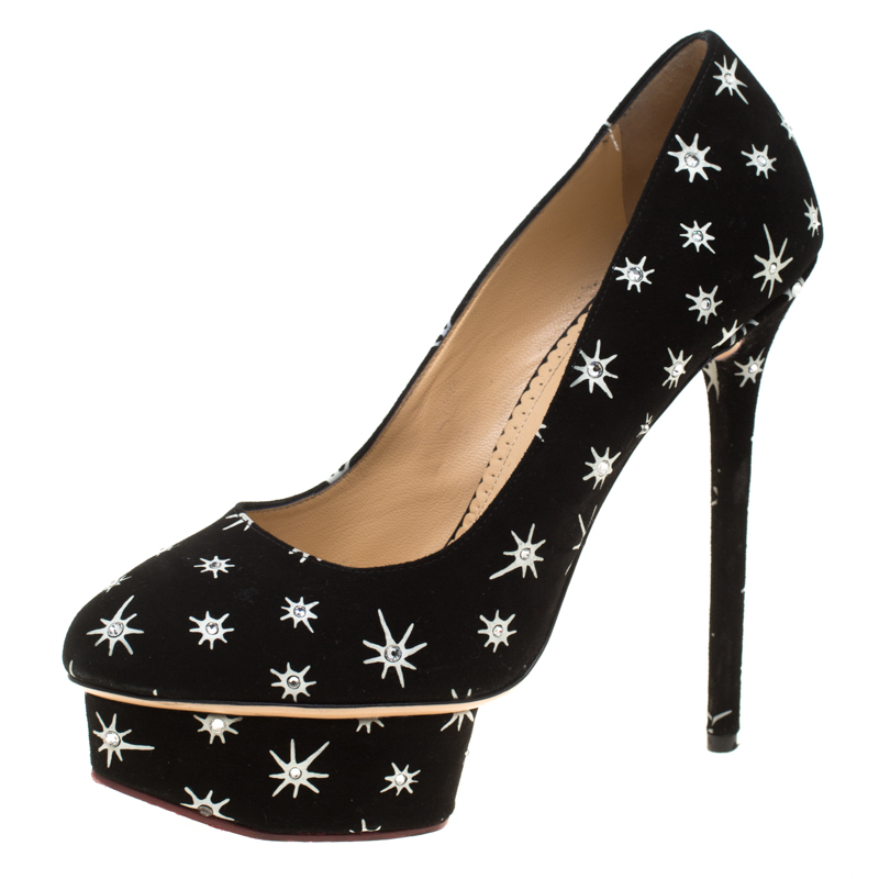 Charlotte olympia black crystal embellished printed suede joise platform pumps size 38.5