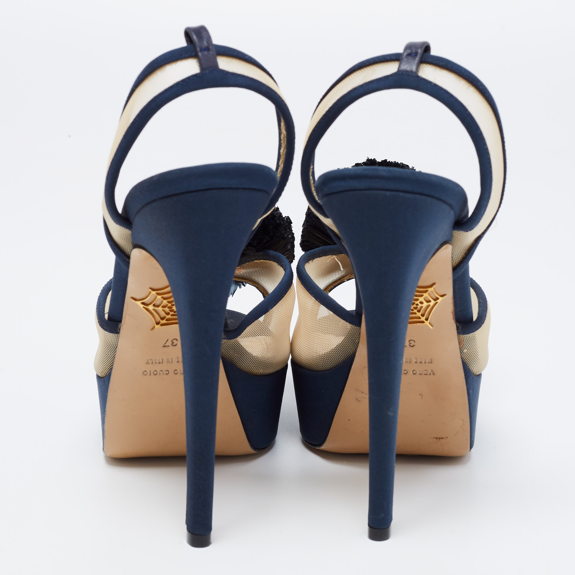 Charlotte Olympia Blue Suede Trim And Mesh Pomoline Pom Pom Platform Sandals Size 37