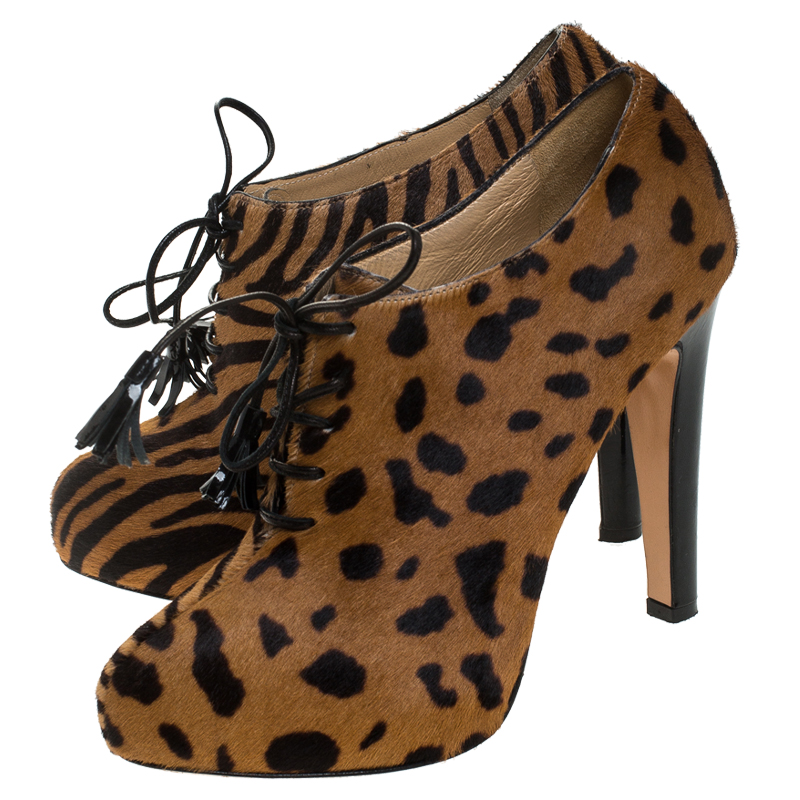 Charlotte Olympia Brown Leopard Print Calf Hair Ankle Booties Size 38.5