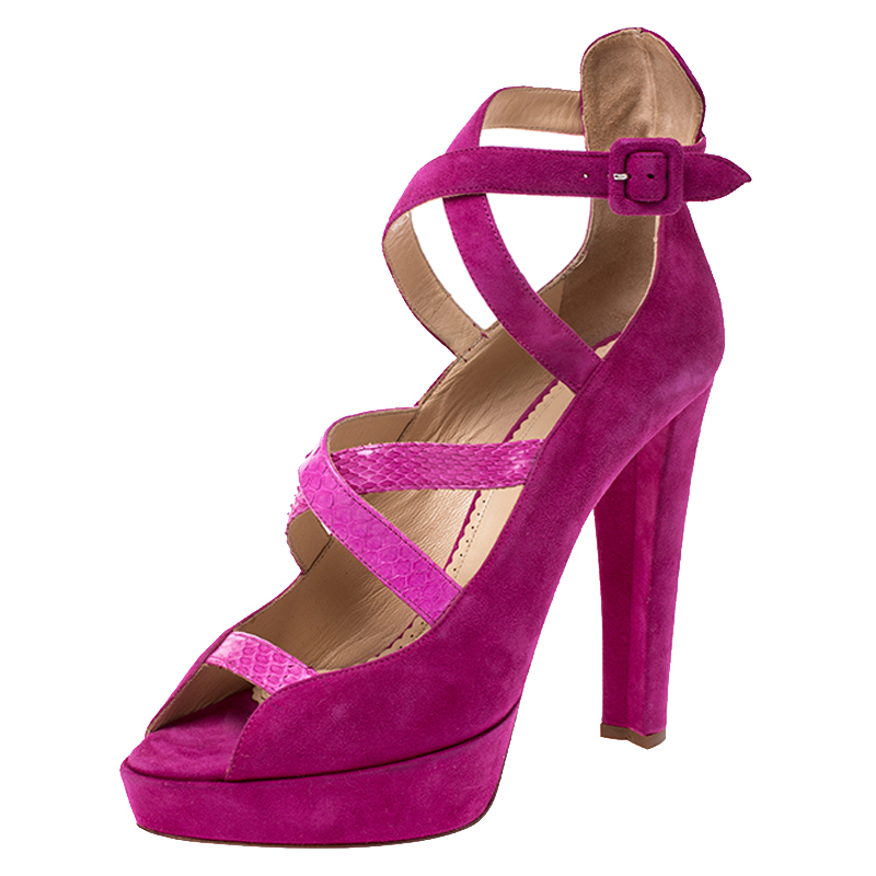 Image of Charlotte Olympia Pink Caged Suede and Snakeskin Trim Gladys Platform Sandals Size