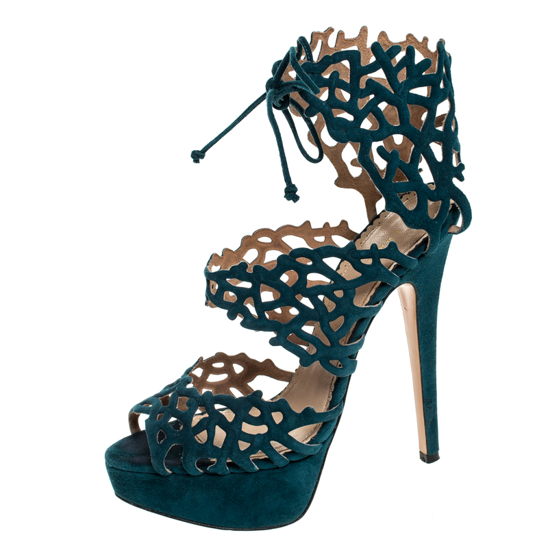 Image of Charlotte Olympia Green Laser Cut Suede Belinda Peep Toe Platform Sandals Size .