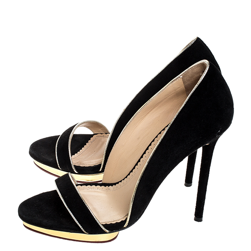 Charlotte Olympia Black Suede Christine Open Toe Sandals Size 38.5