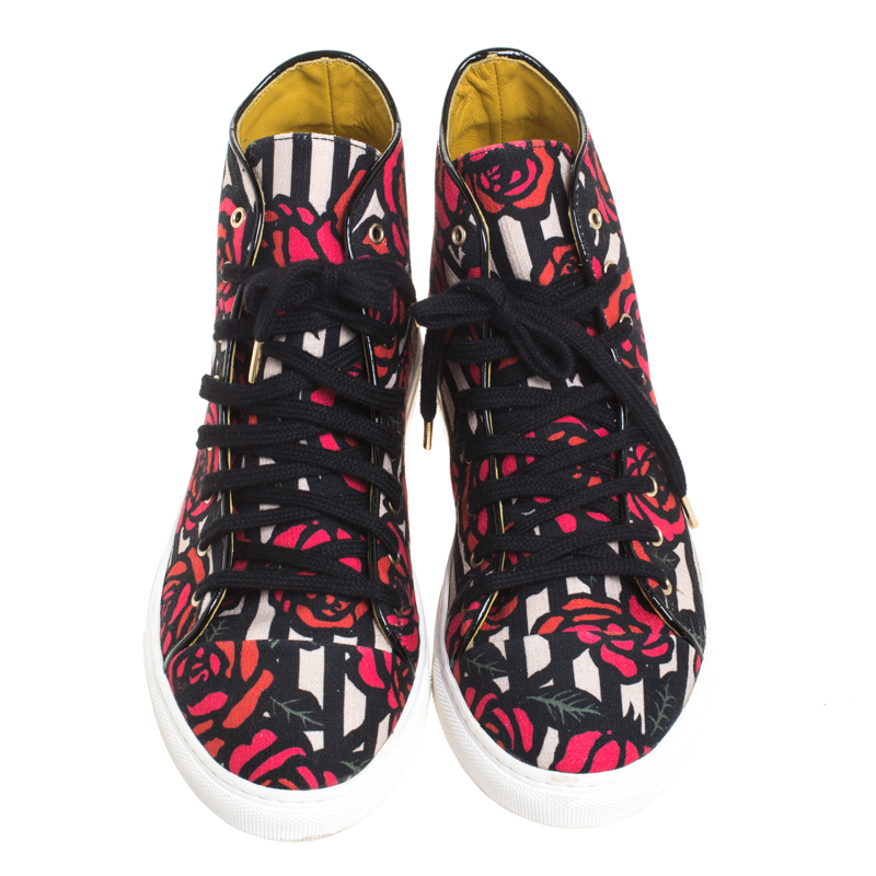 Charlotte Olympia Multicolor Rose Print Canvas High Top Sneakers Size 38.5