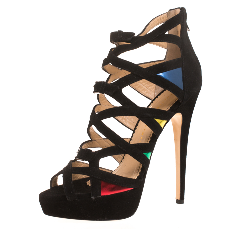 Image of Charlotte Olympia Black Suede Elvira Strappy Platform Sandals Size