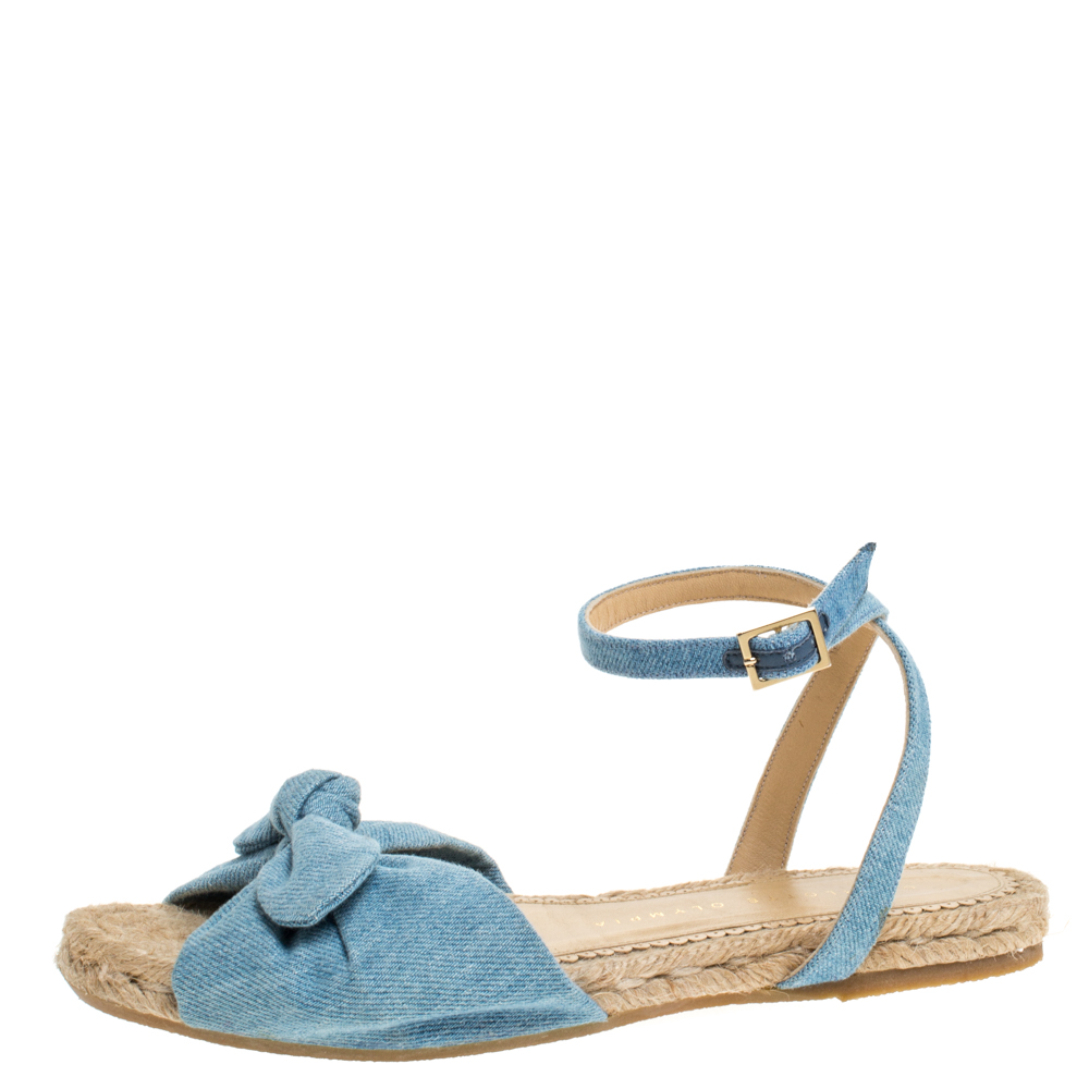 Image of Charlotte Olympia Blue Denim Fabric Marina Knot Ankle Strap Flat Sandals Size