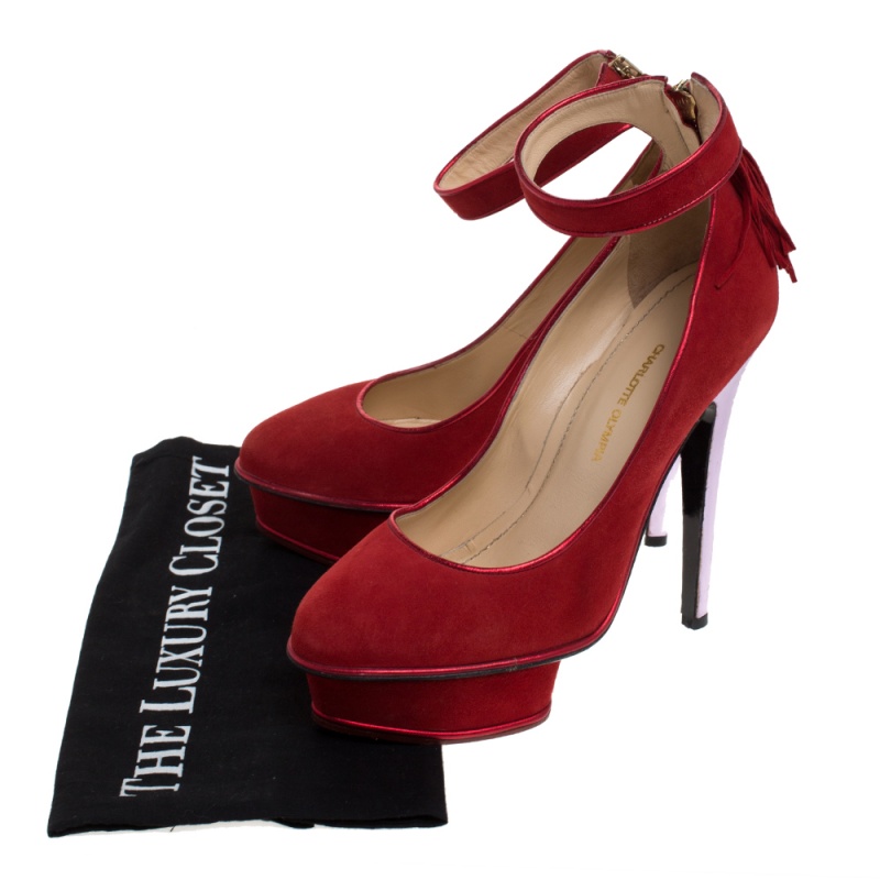 Charlotte Olympia Red Suede Dolores Ankle Strap Platform Pumps Size 37