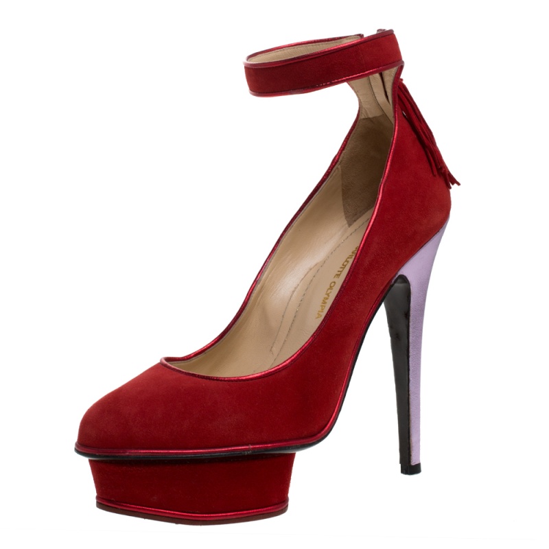 Charlotte Olympia Red Suede Dolores Ankle Strap Platform Pumps Size 37