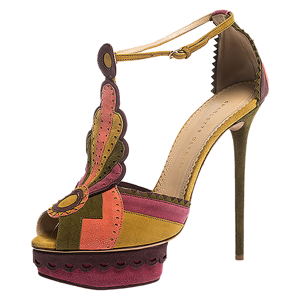 Image of Charlotte Olympia Multicolor Suede Sunset Ankle Strap Platform Sandals Size