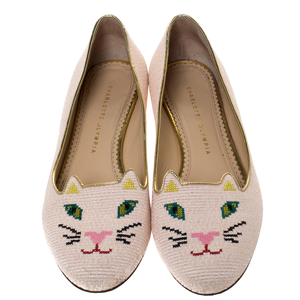 Charlotte Olympia Beige Embroidered Canvas Emoticat Cheeky Kitty Ballet Flats Size 40