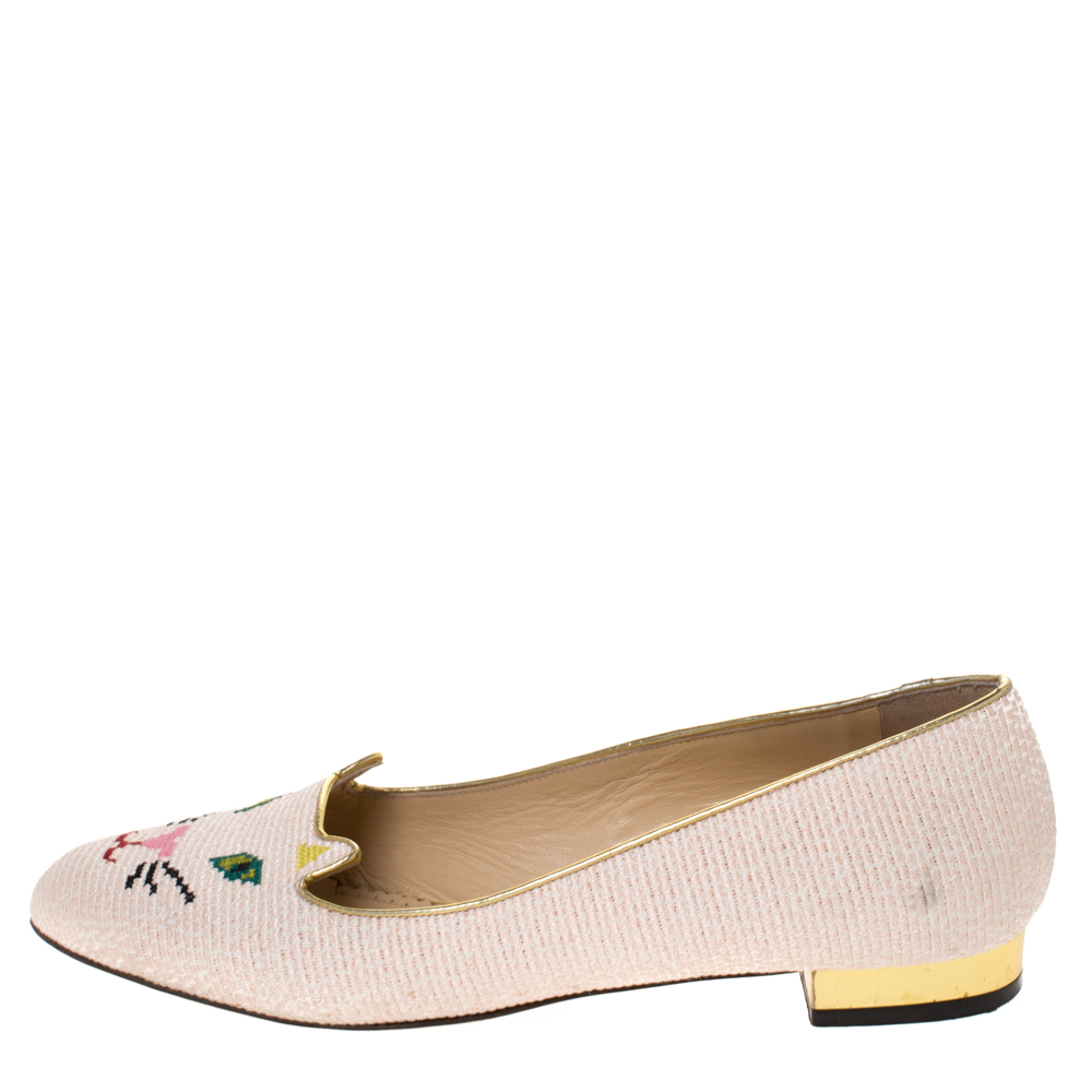 Charlotte Olympia Beige Embroidered Canvas Emoticat Cheeky Kitty Ballet Flats Size 40