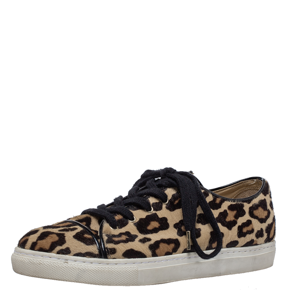 Image of Charlotte Olympia Beige Leopard Print Pony Hair Purrfect Low Top Sneakers Size