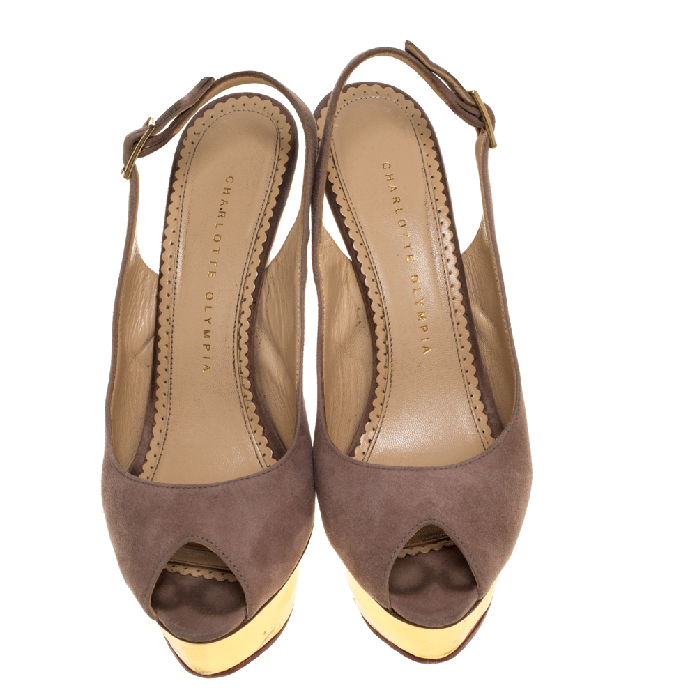 Charlotte Olympia Beige Suede Slingback Peep Toe Platform Sandals Size 37.5