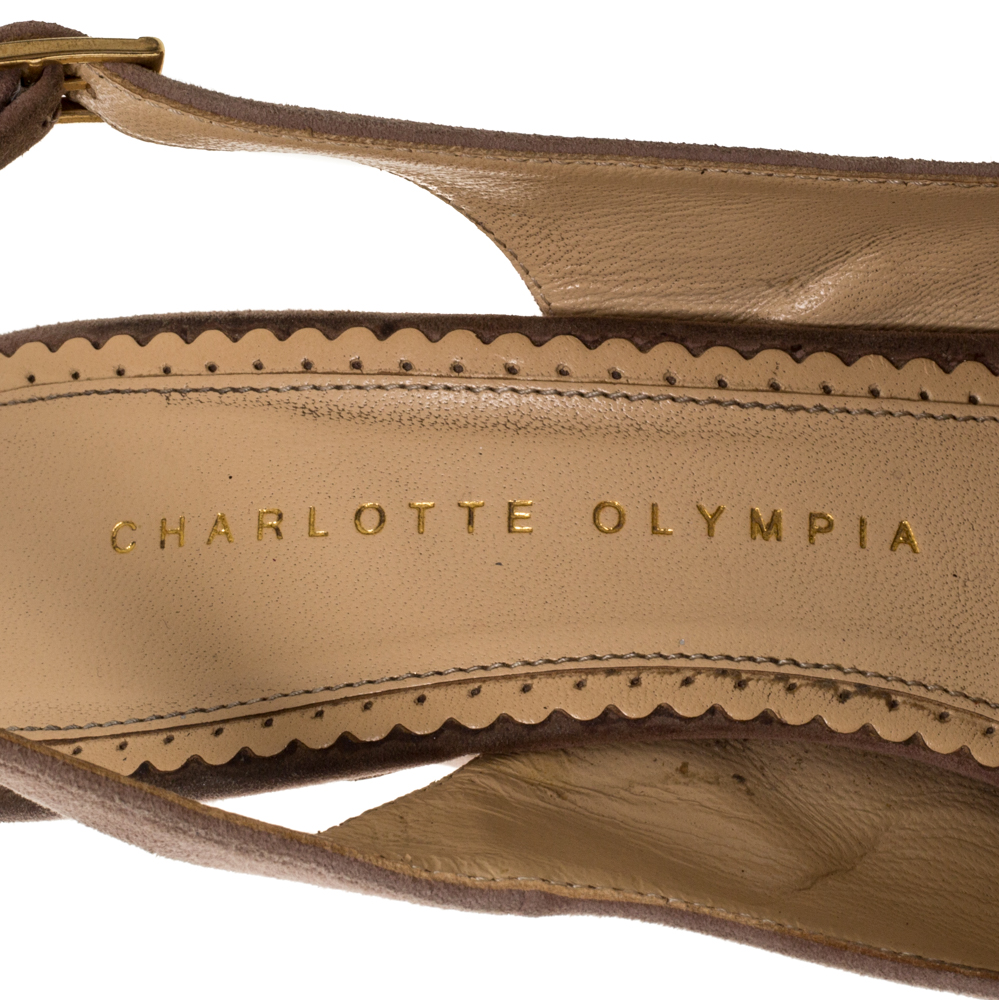 Charlotte Olympia Beige Suede Slingback Peep Toe Platform Sandals Size 37.5