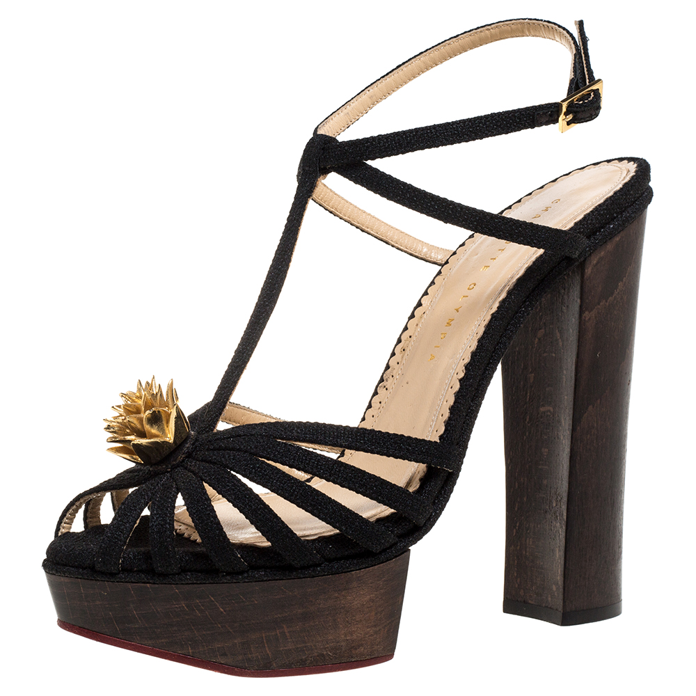 Image of Charlotte Olympia Black Canvas Strappy Ankle Strap Platform Sandals Size
