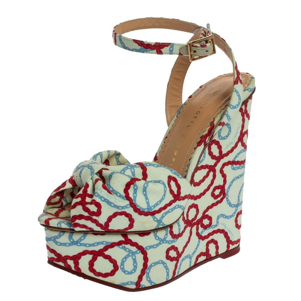 Image of Charlotte Olympia Tri-Color Fabric Bow Chain Pep Toe Sandals Size